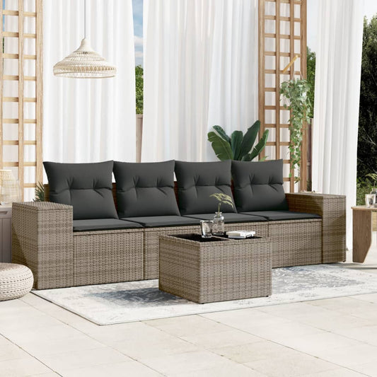 5-tlg. Garten-Sofagarnitur mit Kissen Grau Poly Rattan