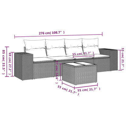 5-tlg. Garten-Sofagarnitur mit Kissen Hellgrau Poly Rattan