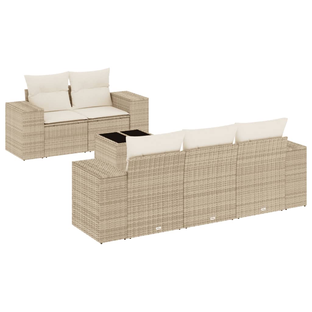 6-tlg. Garten-Sofagarnitur mit Kissen Beige Poly Rattan