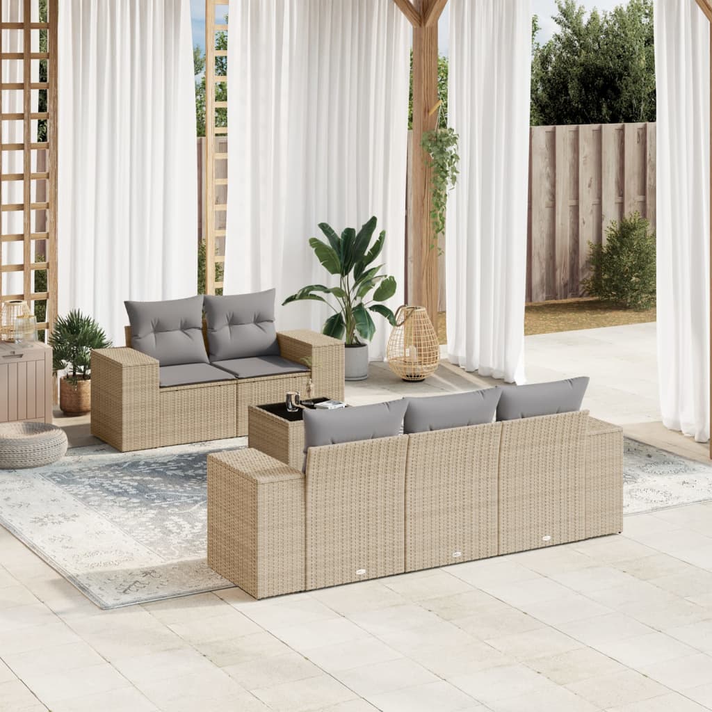 6-tlg. Garten-Sofagarnitur mit Kissen Beige Poly Rattan