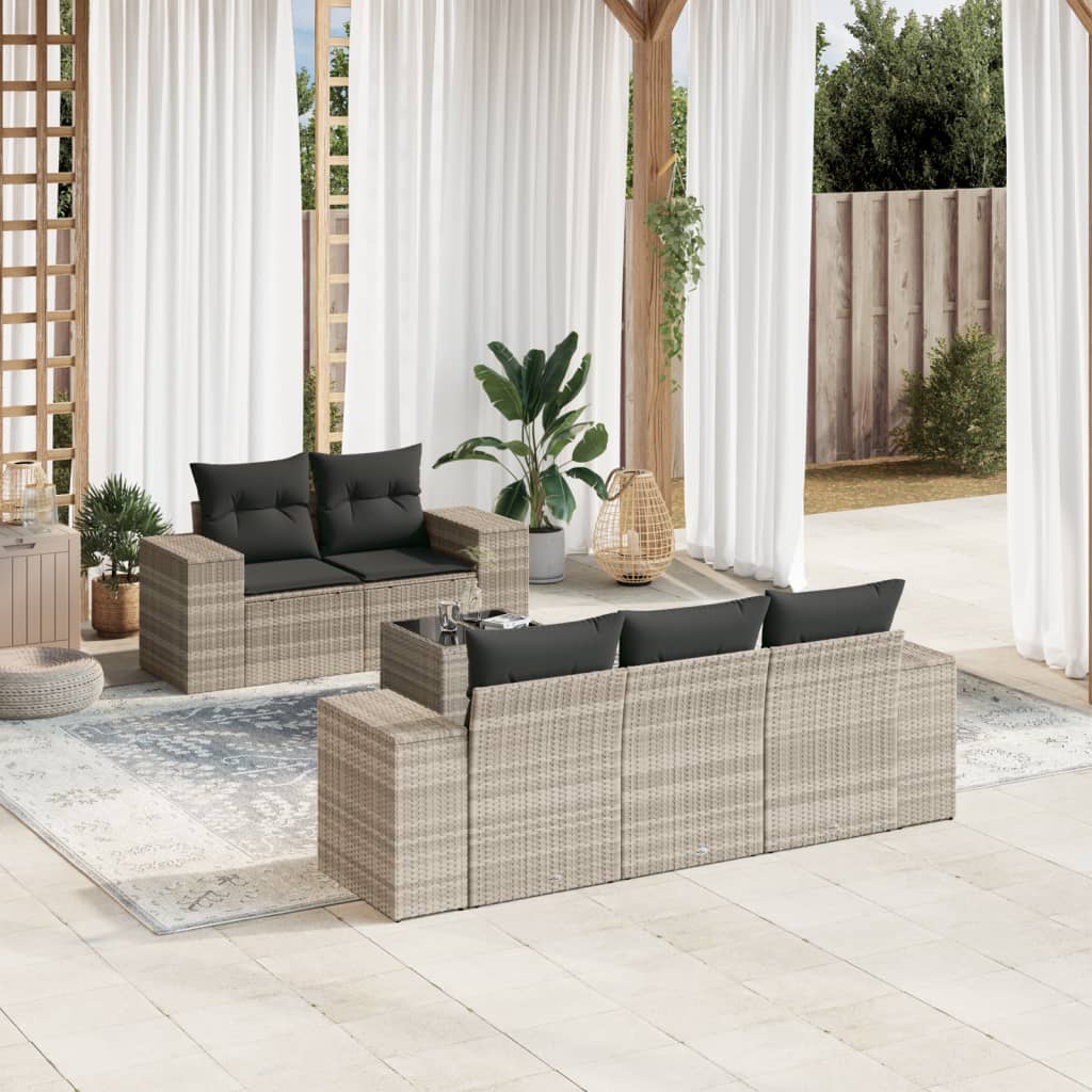 6-tlg. Garten-Sofagarnitur mit Kissen Hellgrau Poly Rattan