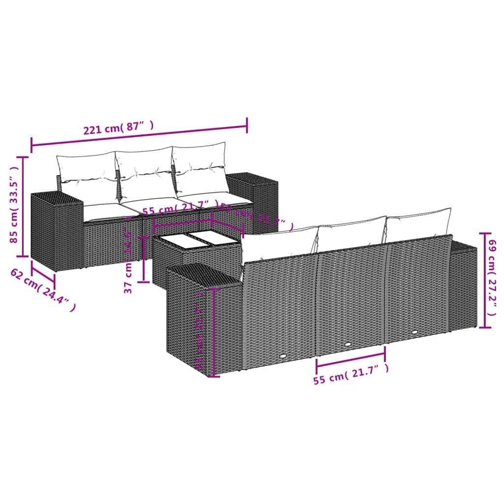 7-tlg. Garten-Sofagarnitur mit Kissen Beige Poly Rattan