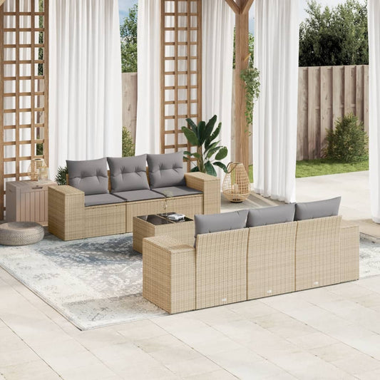 7-tlg. Garten-Sofagarnitur mit Kissen Beige Poly Rattan