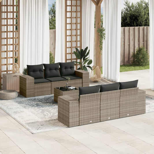 7-tlg. Garten-Sofagarnitur mit Kissen Grau Poly Rattan