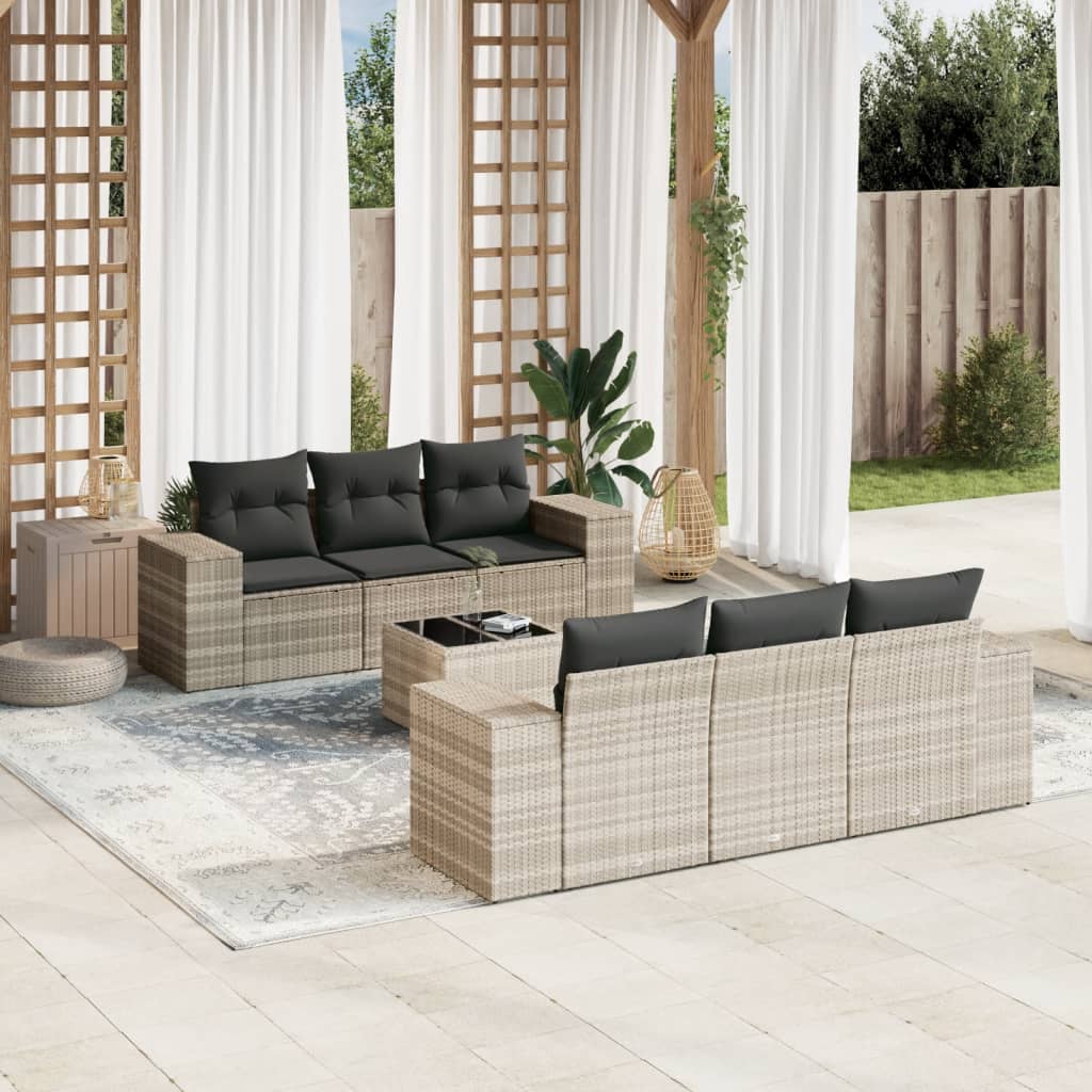 7-tlg. Garten-Sofagarnitur mit Kissen Hellgrau Poly Rattan