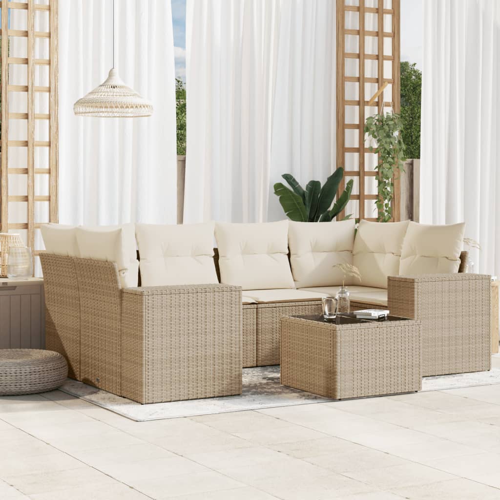 7-tlg. Garten-Sofagarnitur mit Kissen Beige Poly Rattan