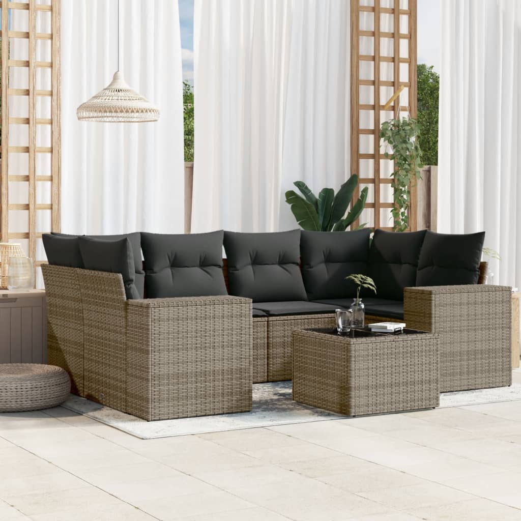 7-tlg. Garten-Sofagarnitur mit Kissen Grau Poly Rattan