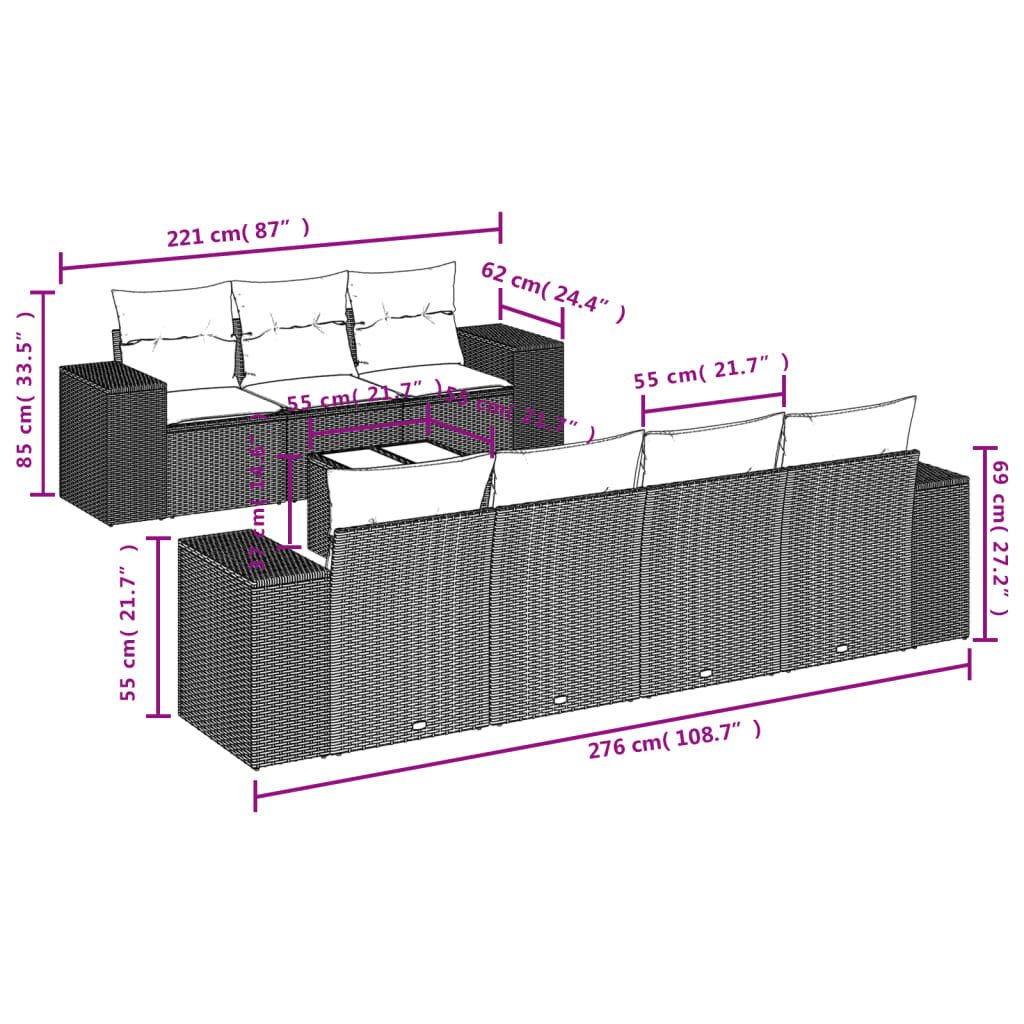 8-tlg. Garten-Sofagarnitur mit Kissen Braun Poly Rattan