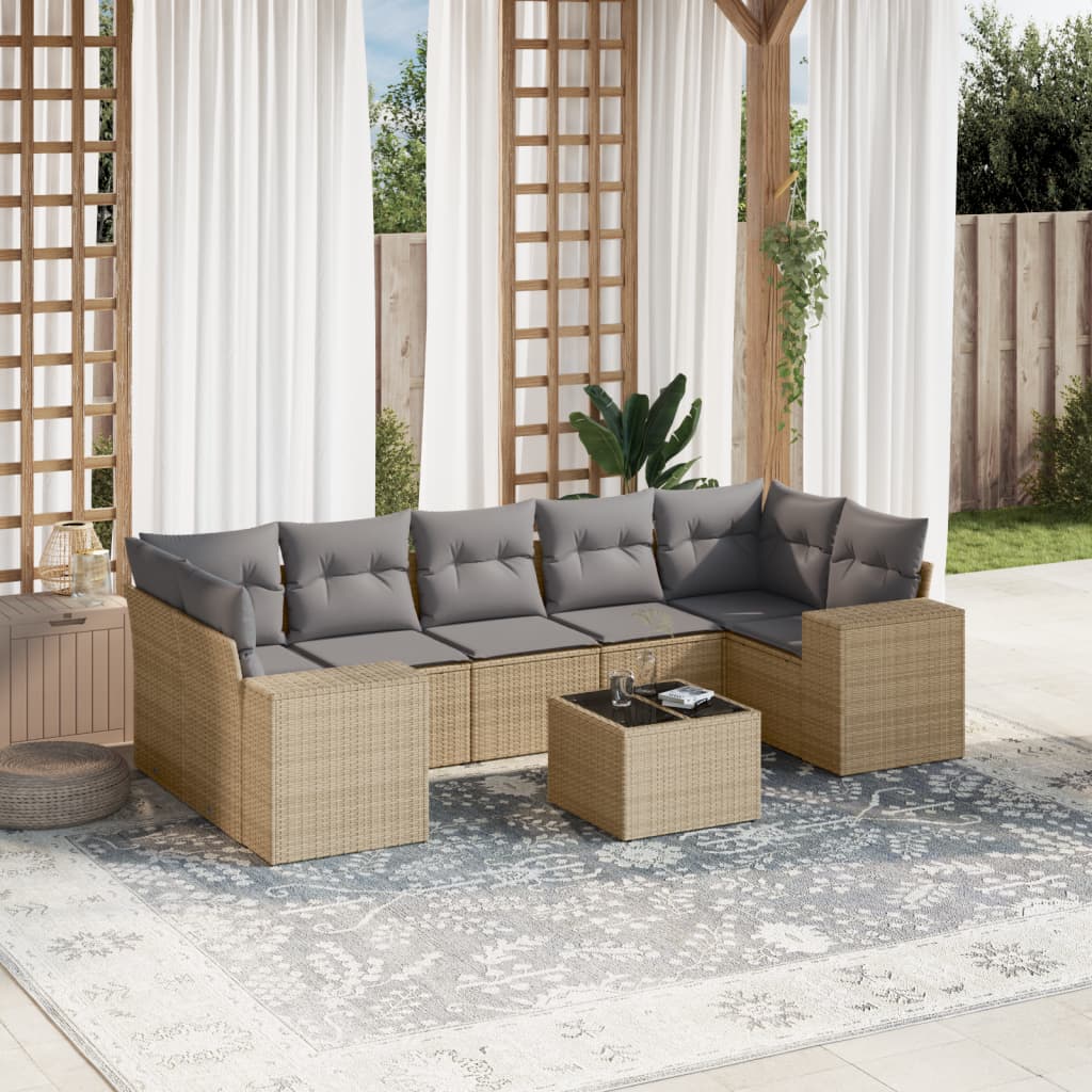 8-tlg. Garten-Sofagarnitur mit Kissen Beige Poly Rattan