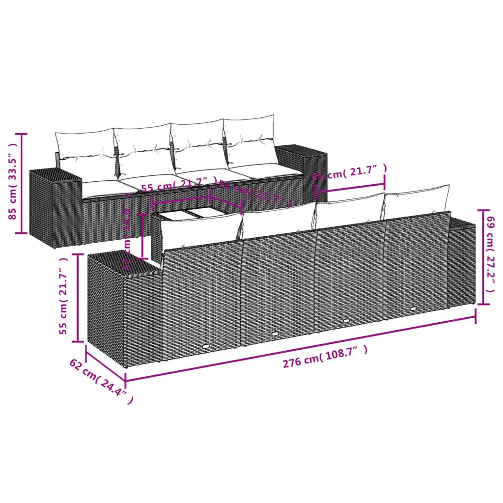 9-tlg. Garten-Sofagarnitur mit Kissen Hellgrau Poly Rattan