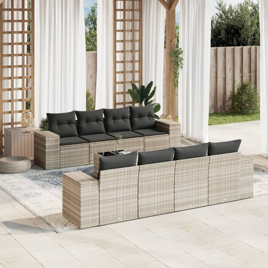 9-tlg. Garten-Sofagarnitur mit Kissen Hellgrau Poly Rattan