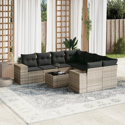 9-tlg. Garten-Sofagarnitur mit Kissen Hellgrau Poly Rattan