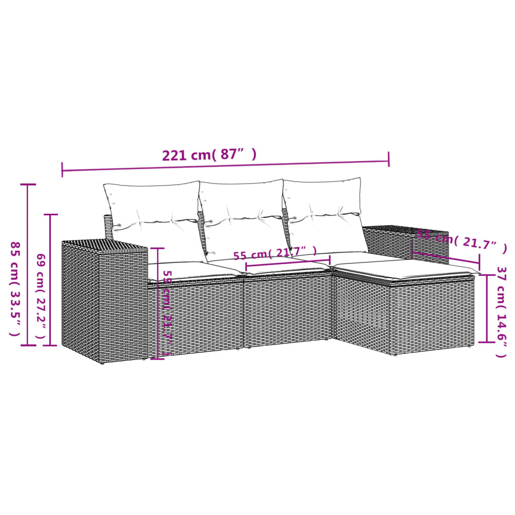 4-tlg. Garten-Sofagarnitur mit Kissen Hellgrau Poly Rattan