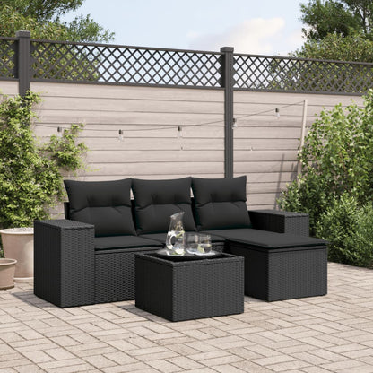 5-tlg. Garten-Sofagarnitur mit Kissen Schwarz Poly Rattan