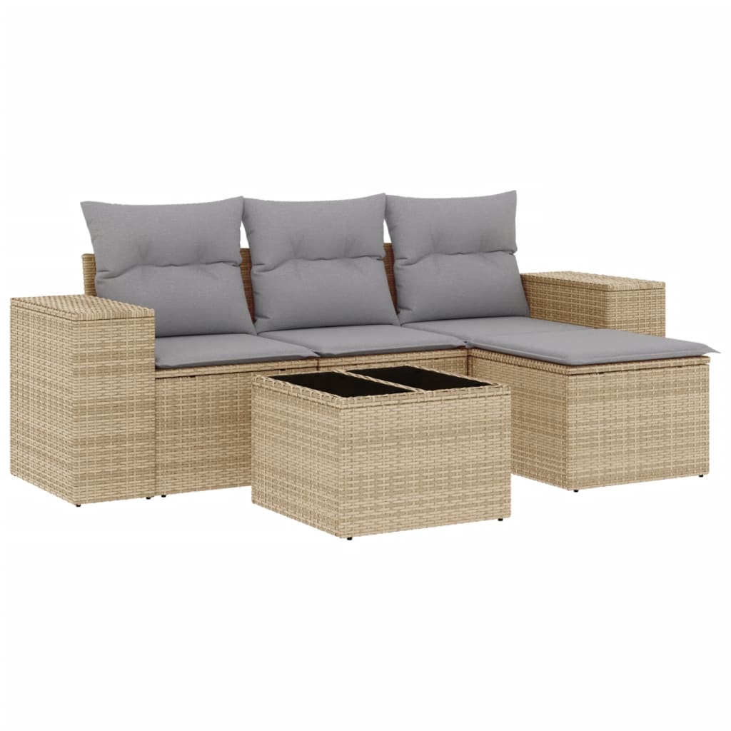 5-tlg. Garten-Sofagarnitur mit Kissen Beige Poly Rattan