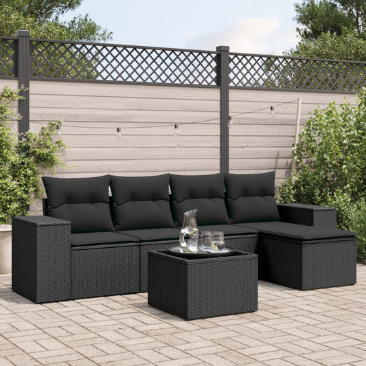 6-tlg. Garten-Sofagarnitur mit Kissen Schwarz Poly Rattan