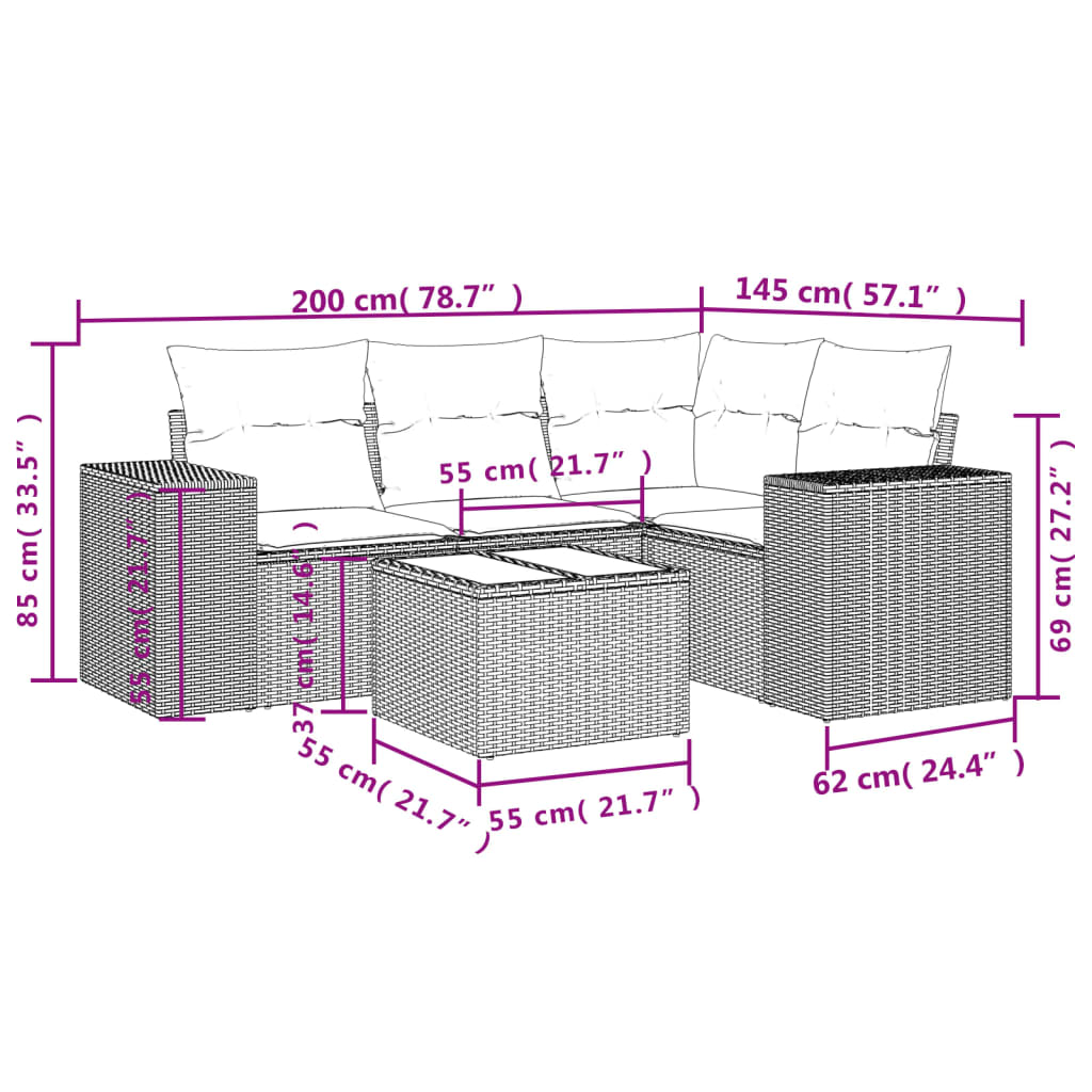 5-tlg. Garten-Sofagarnitur mit Kissen Grau Poly Rattan