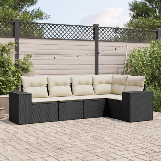 5-tlg. Garten-Sofagarnitur mit Kissen Schwarz Poly Rattan