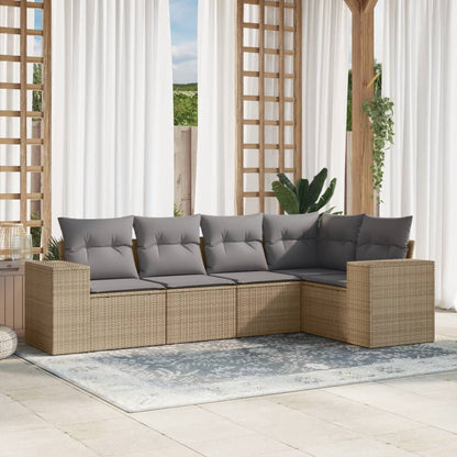 5-tlg. Garten-Sofagarnitur mit Kissen Beige Poly Rattan