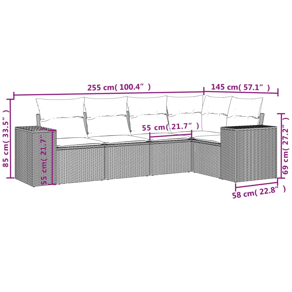 5-tlg. Garten-Sofagarnitur mit Kissen Grau Poly Rattan