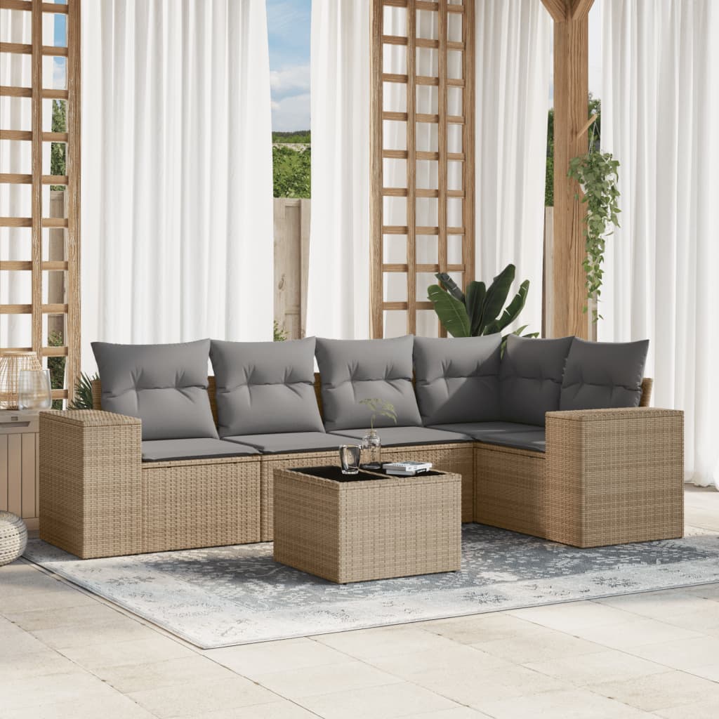 6-tlg. Garten-Sofagarnitur mit Kissen Beige Poly Rattan