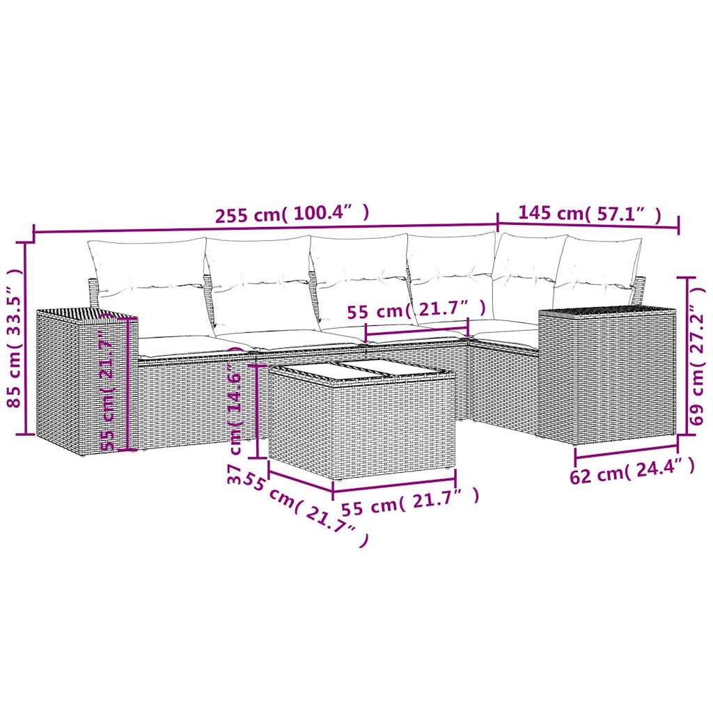 6-tlg. Garten-Sofagarnitur mit Kissen Hellgrau Poly Rattan