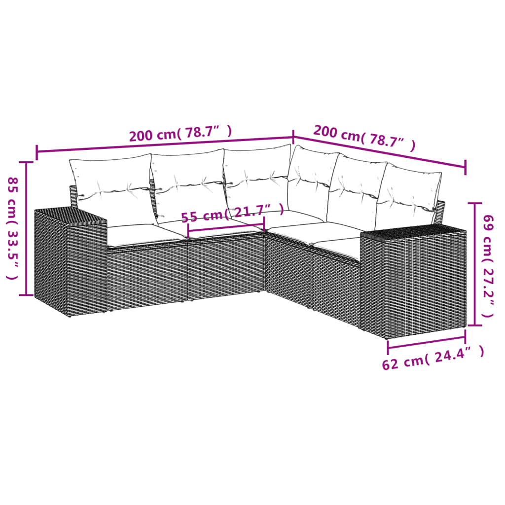 5-tlg. Garten-Sofagarnitur mit Kissen Beige Poly Rattan