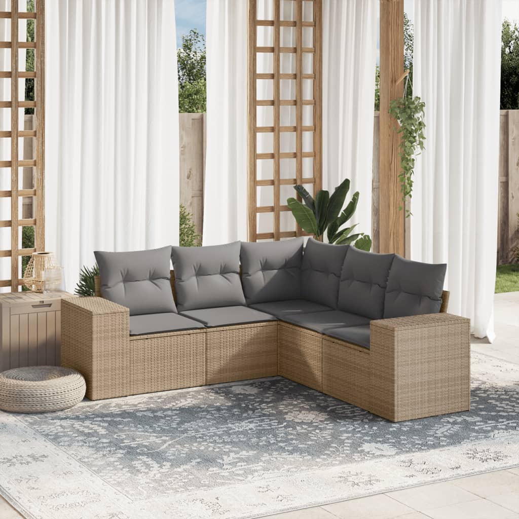 5-tlg. Garten-Sofagarnitur mit Kissen Beige Poly Rattan