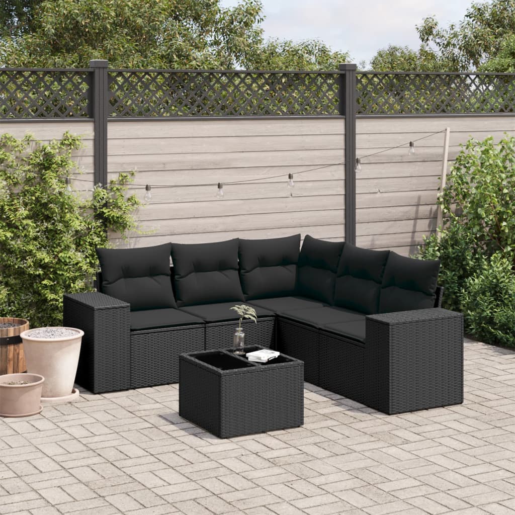 6-tlg. Garten-Sofagarnitur mit Kissen Schwarz Poly Rattan