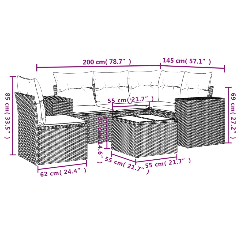 6-tlg. Garten-Sofagarnitur mit Kissen Schwarz Poly Rattan