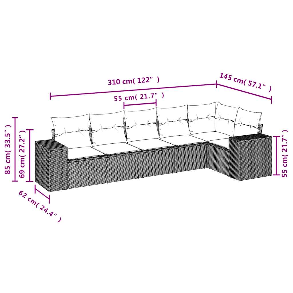 6-tlg. Garten-Sofagarnitur mit Kissen Schwarz Poly Rattan