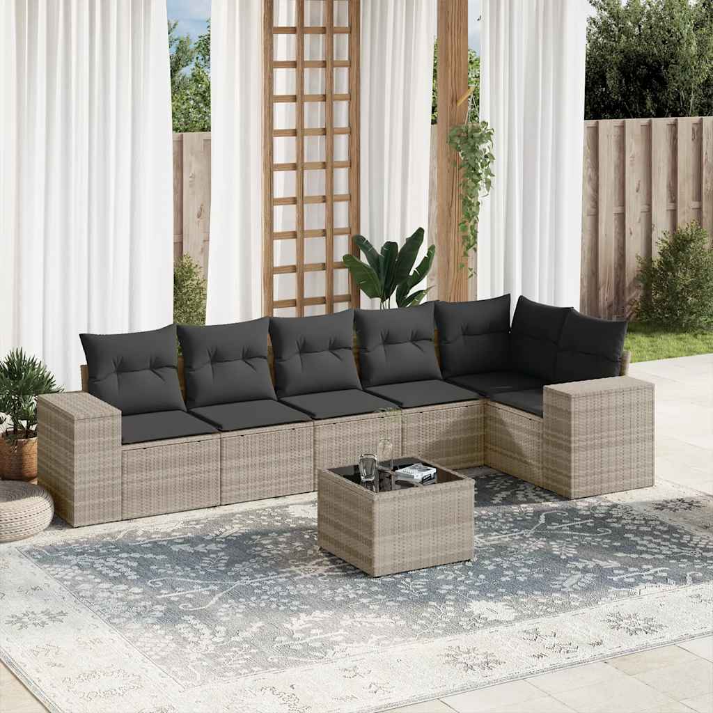 7-tlg. Garten-Sofagarnitur mit Kissen Hellgrau Poly Rattan