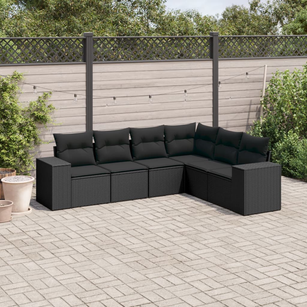 6-tlg. Garten-Sofagarnitur mit Kissen Schwarz Poly Rattan