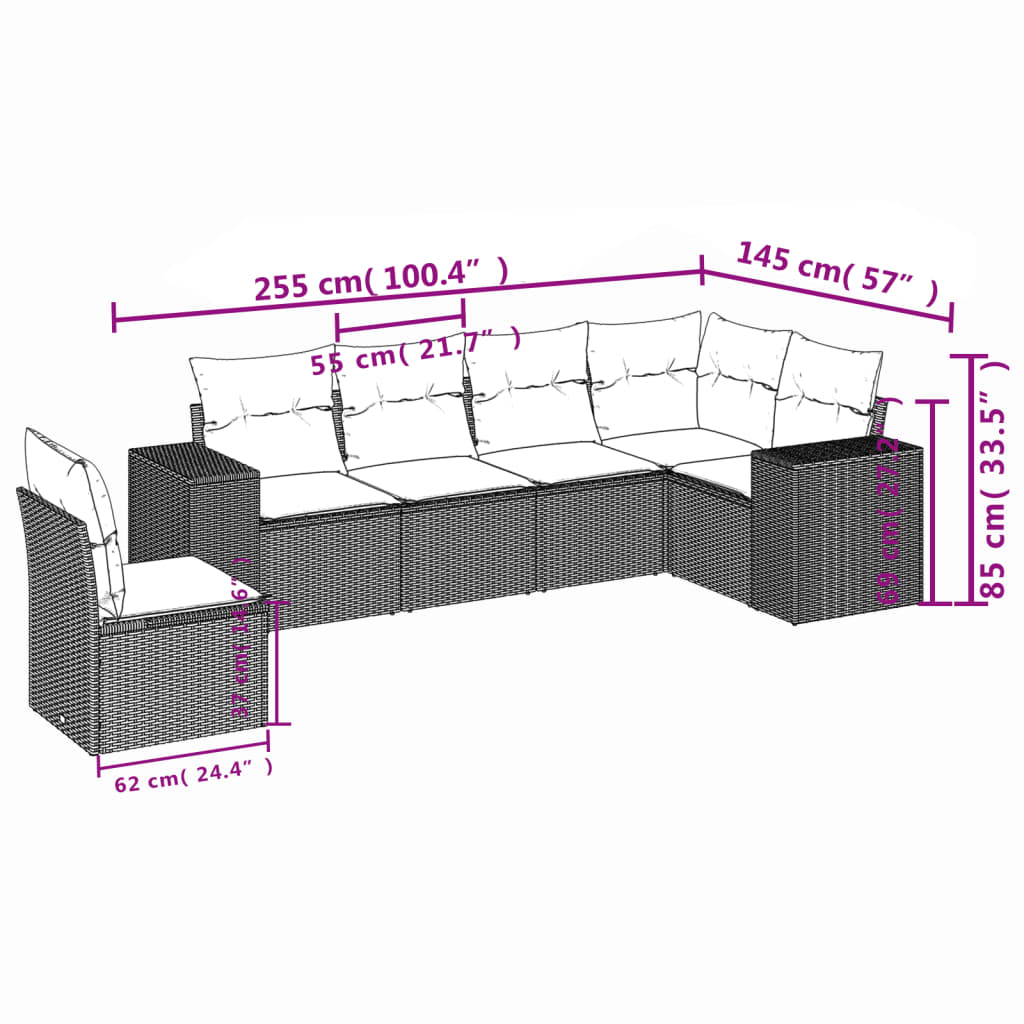 6-tlg. Garten-Sofagarnitur mit Kissen Grau Poly Rattan