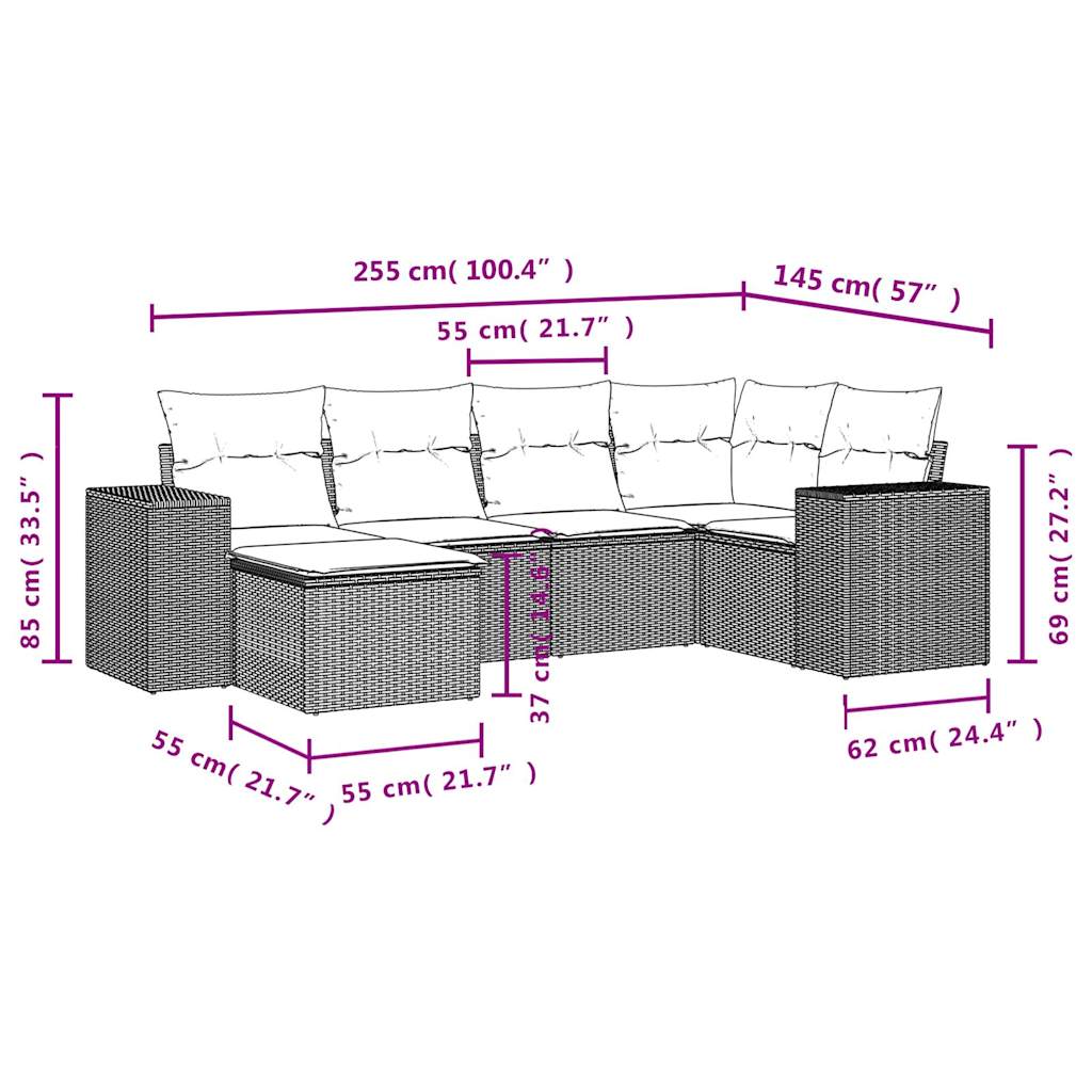 6-tlg. Garten-Sofagarnitur mit Kissen Beige Poly Rattan