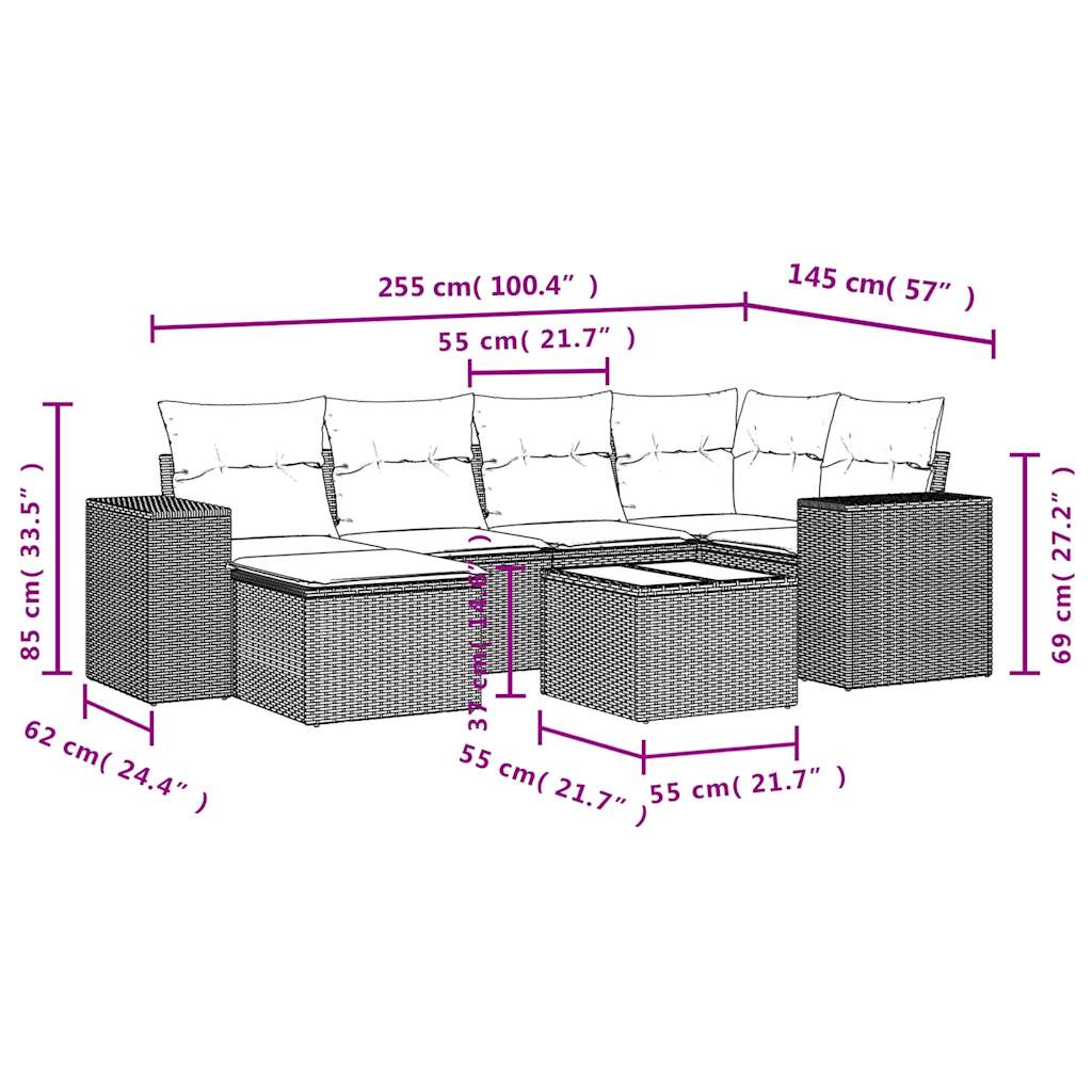 7-tlg. Garten-Sofagarnitur mit Kissen Schwarz Poly Rattan