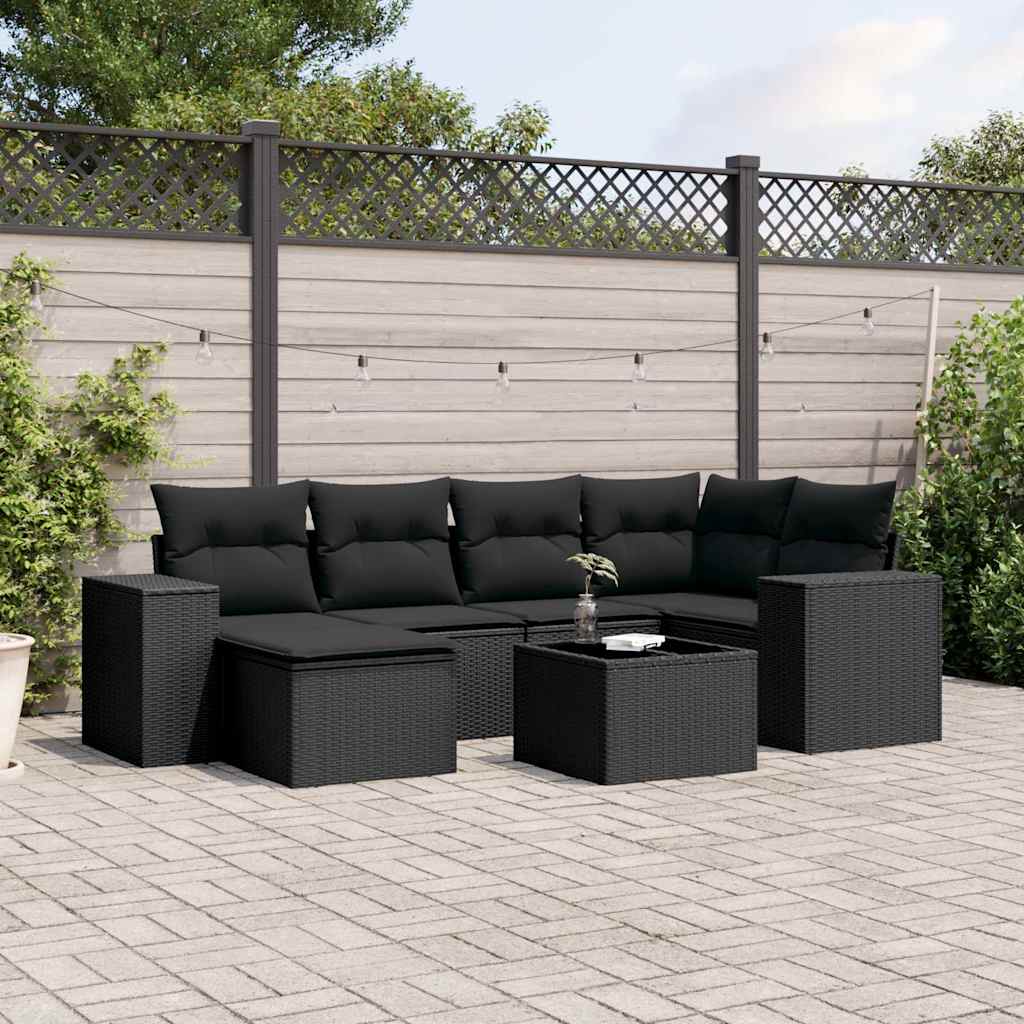 7-tlg. Garten-Sofagarnitur mit Kissen Schwarz Poly Rattan