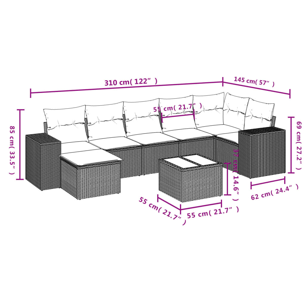 8-tlg. Garten-Sofagarnitur mit Kissen Beige Poly Rattan