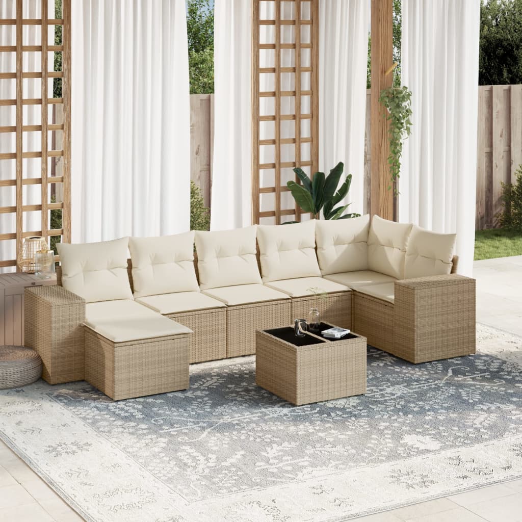 8-tlg. Garten-Sofagarnitur mit Kissen Beige Poly Rattan