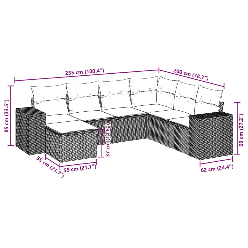 7-tlg. Garten-Sofagarnitur mit Kissen Schwarz Poly Rattan