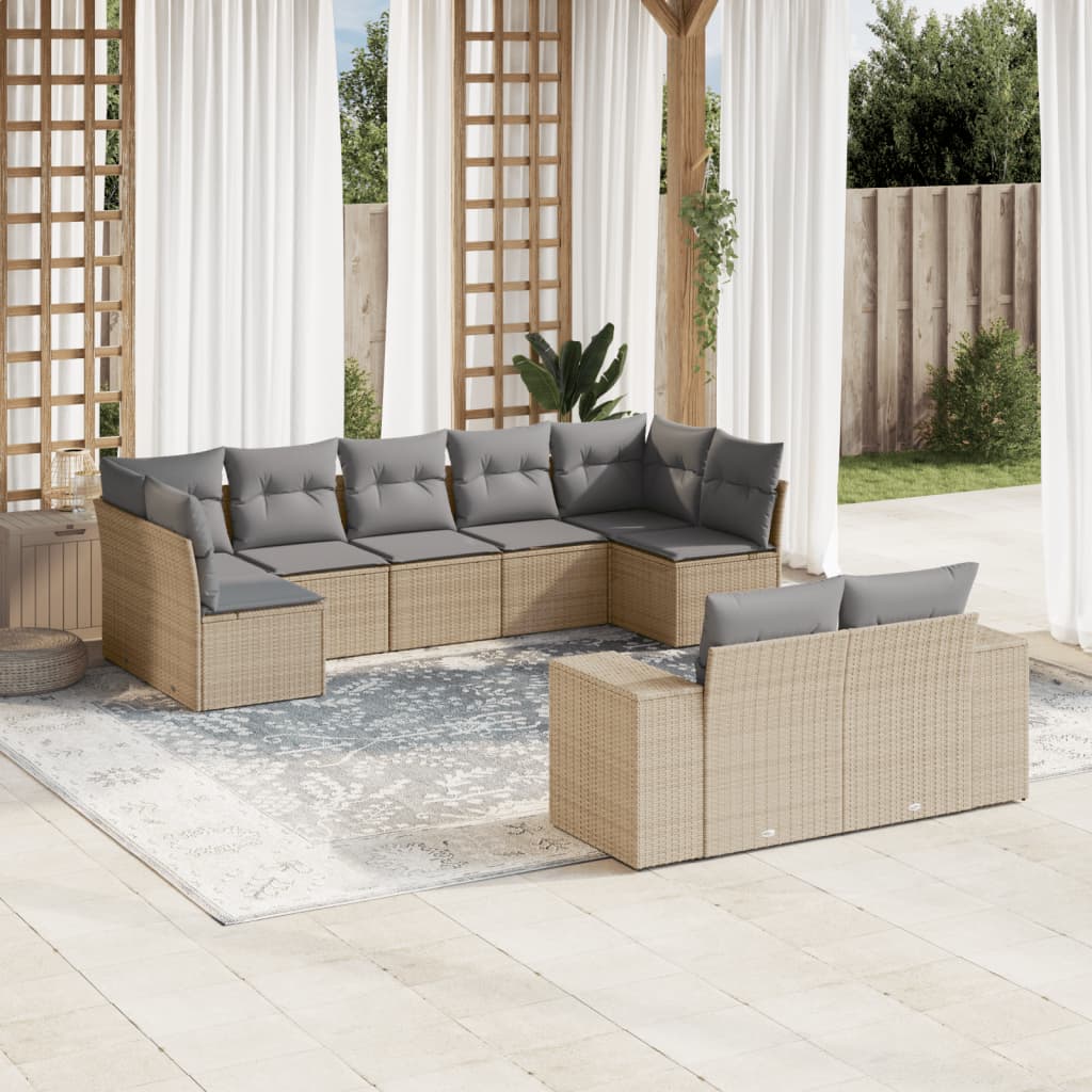 9-tlg. Garten-Sofagarnitur mit Kissen Beige Poly Rattan