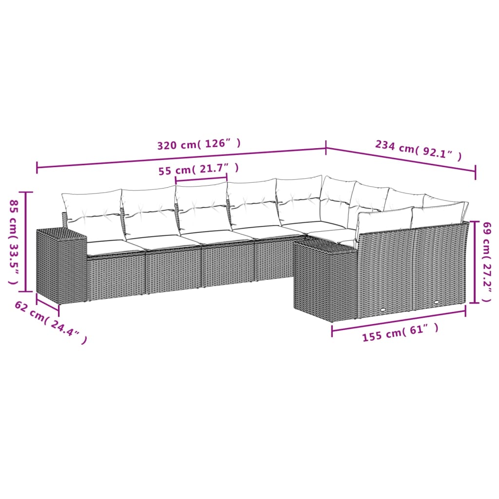 9-tlg. Garten-Sofagarnitur mit Kissen Schwarz Poly Rattan