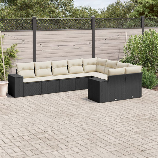 9-tlg. Garten-Sofagarnitur mit Kissen Schwarz Poly Rattan