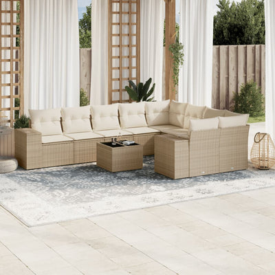 10-tlg. Garten-Sofagarnitur mit Kissen Beige Poly Rattan