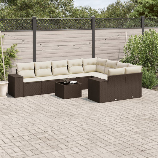 10-tlg. Garten-Sofagarnitur mit Kissen Braun Poly Rattan