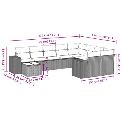 10-tlg. Garten-Sofagarnitur mit Kissen Grau Poly Rattan