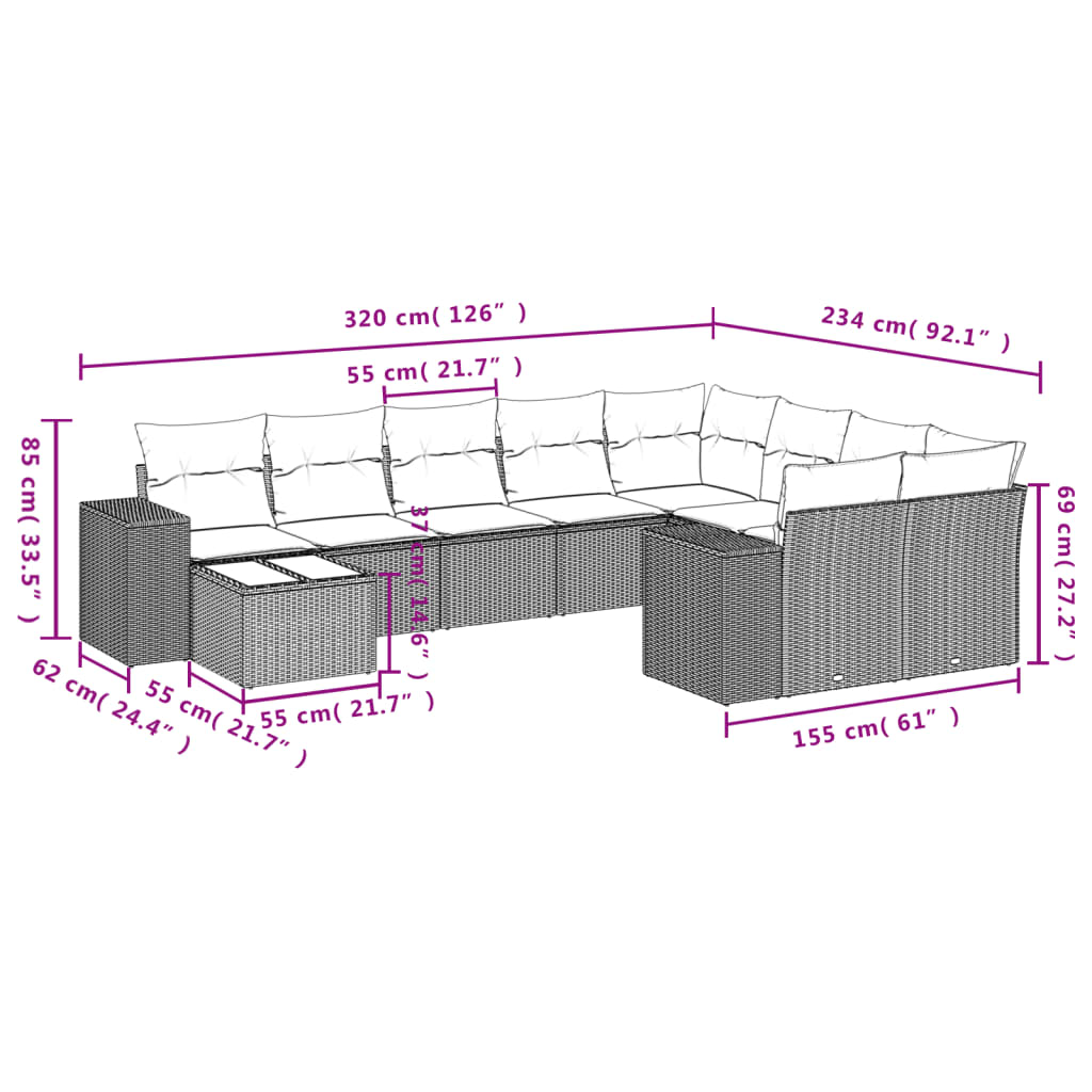 10-tlg. Garten-Sofagarnitur mit Kissen Grau Poly Rattan