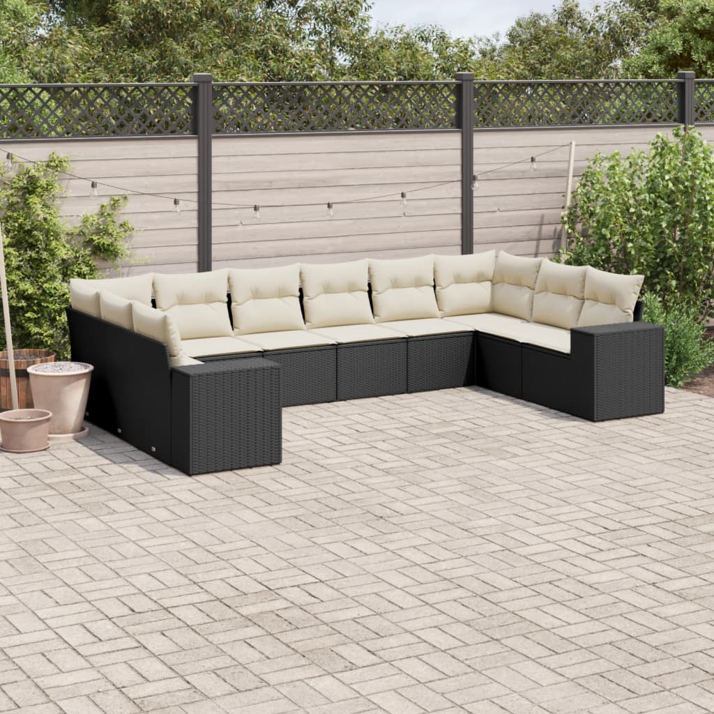 10-tlg. Garten-Sofagarnitur mit Kissen Schwarz Poly Rattan