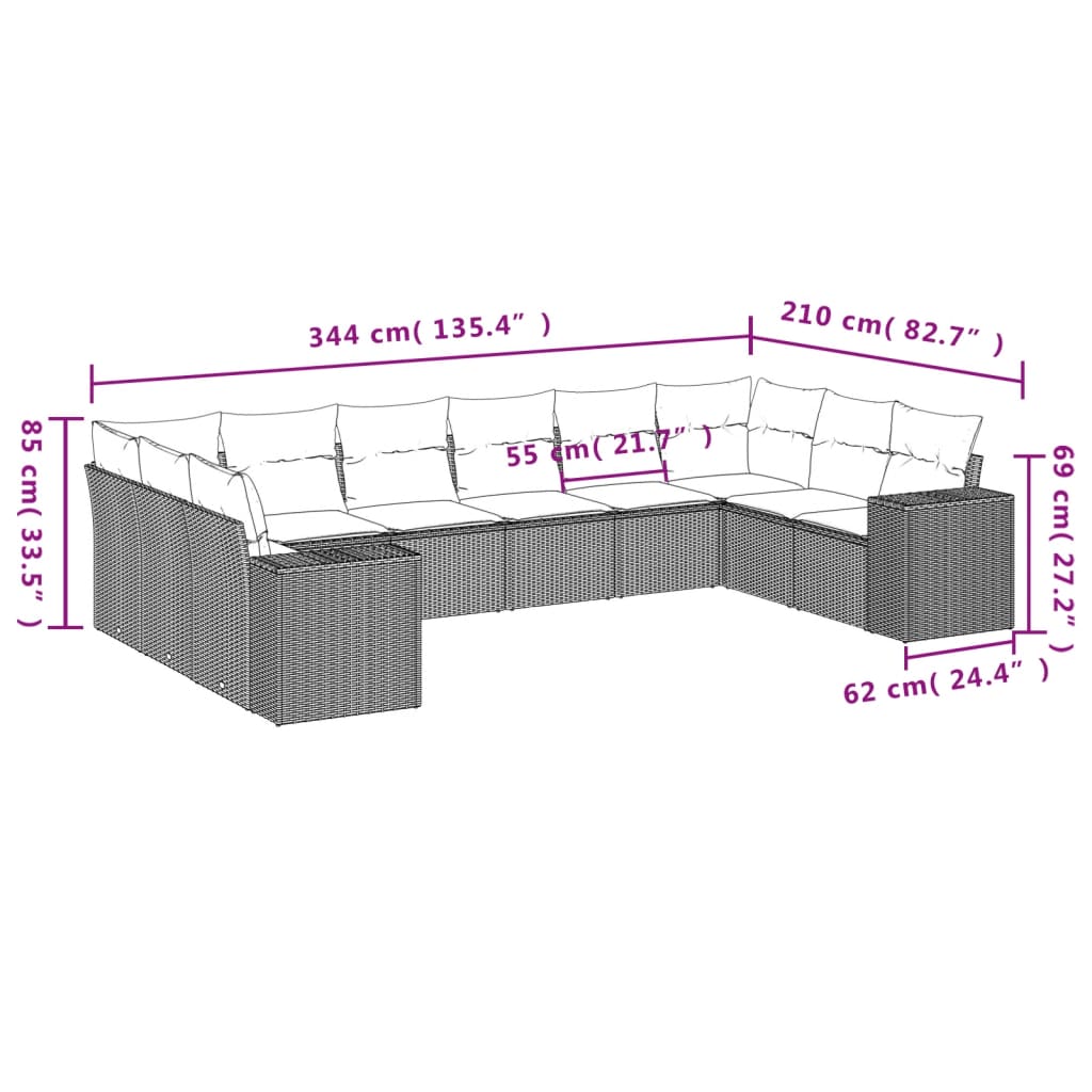 10-tlg. Garten-Sofagarnitur mit Kissen Grau Poly Rattan