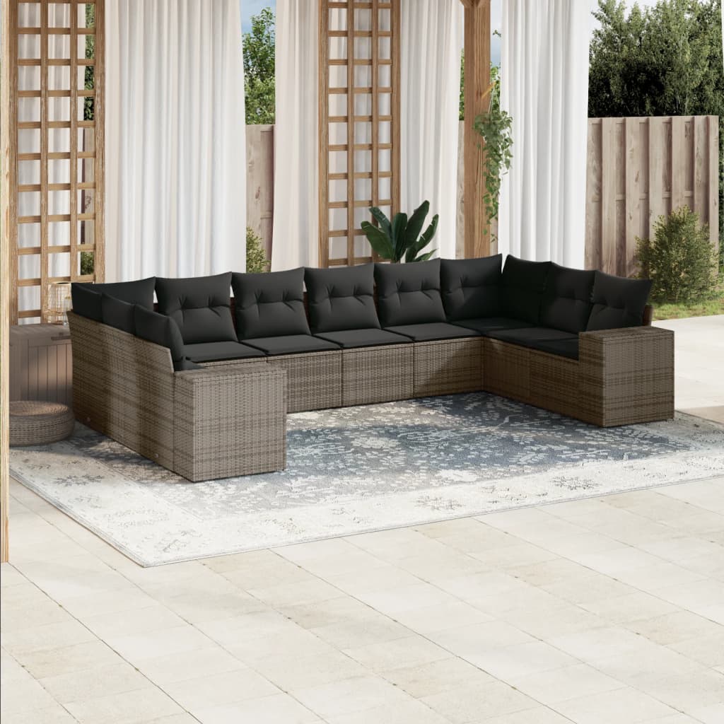 10-tlg. Garten-Sofagarnitur mit Kissen Grau Poly Rattan